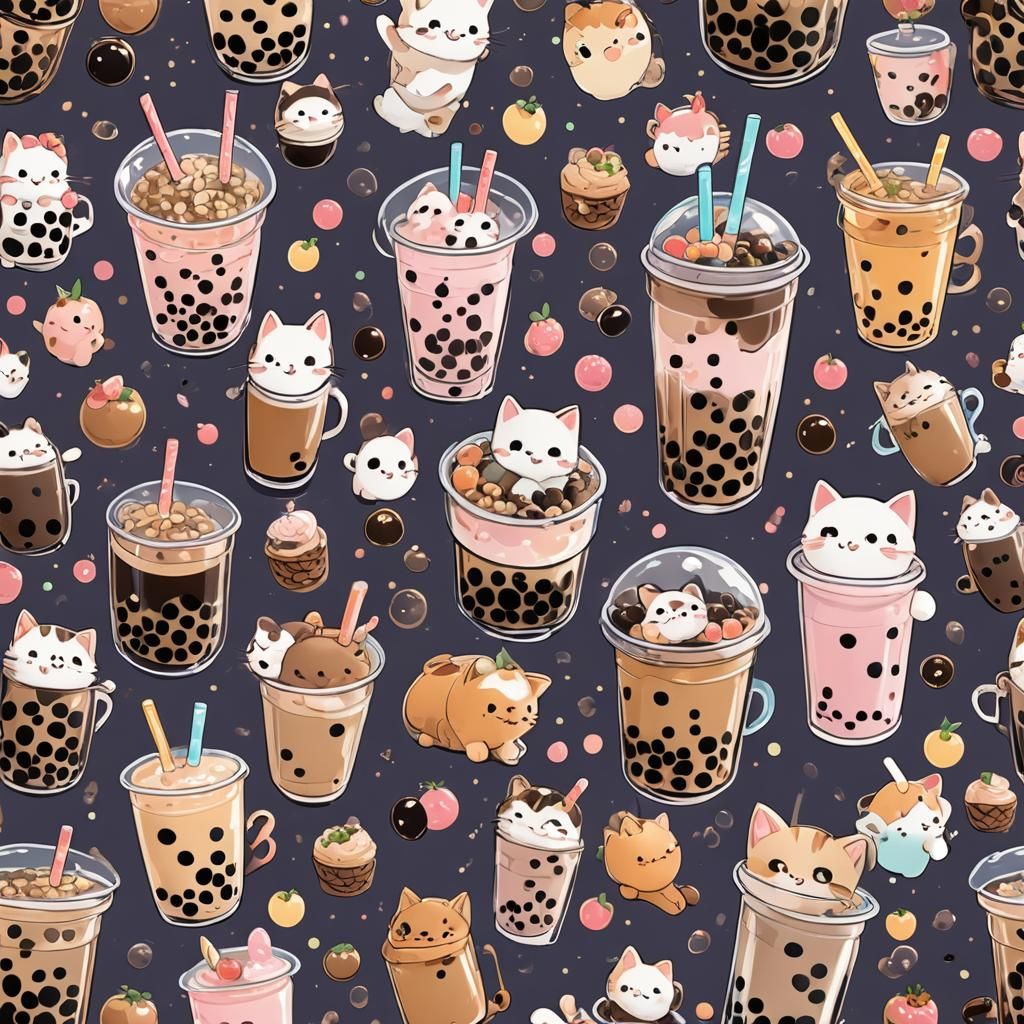 Kawaii Kitten Sipping Bubble Tea: Anime Style
