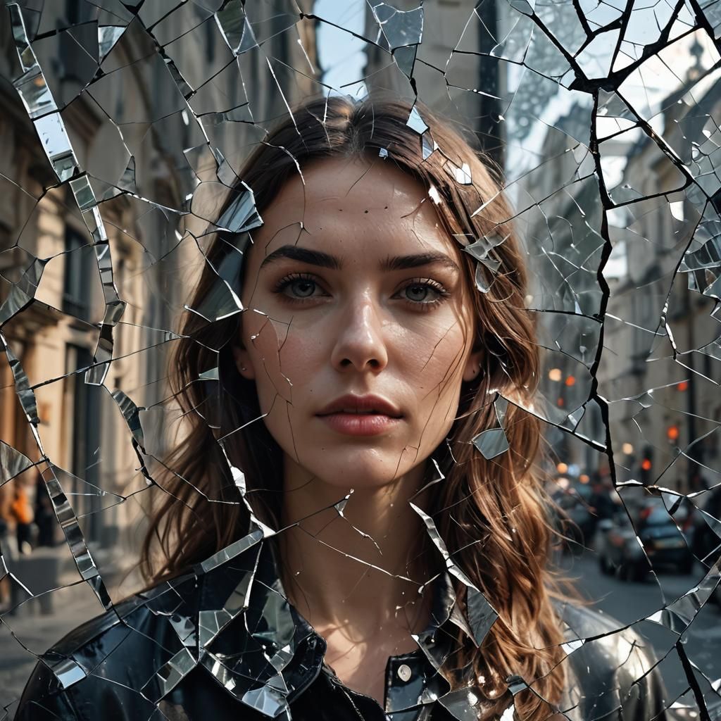 view of the reflection of a young beautiful woman in the cra...