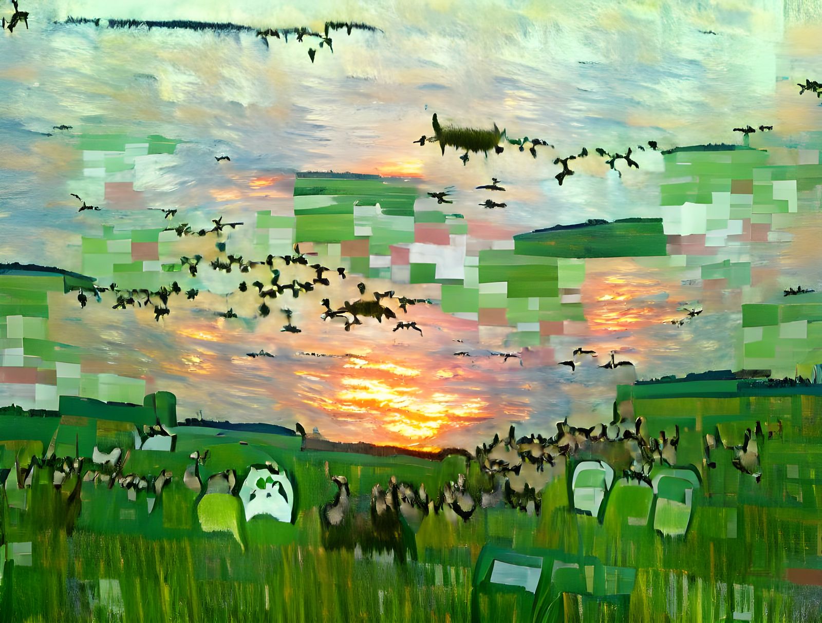A sunset over a green field with a flock of geese flying acr...