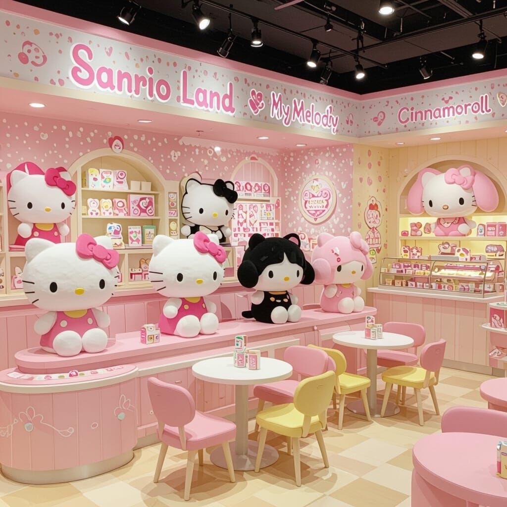 There is the sanrio land with cute cafe and shops with Hello Kitty, Kuromi, My Melody, Cinnamoroll, etc. Make it pastel colors everywhere an...