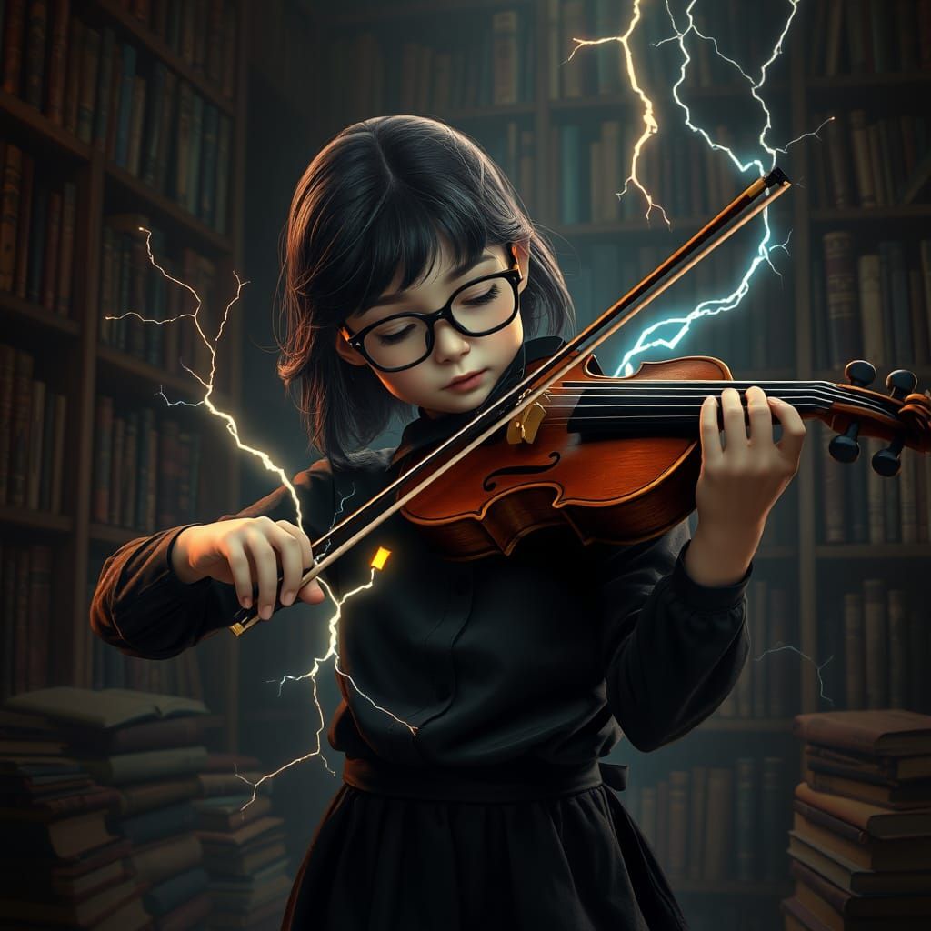 Girl Playing Violin with Lightning Notes, Fantasy Art