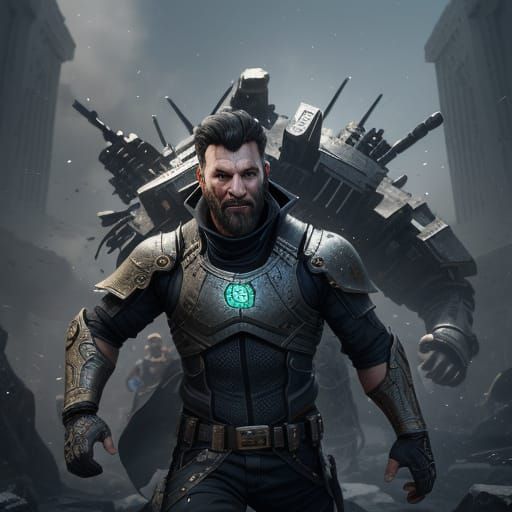 Old Man Plays Piano in Red Landscape, 3D Render