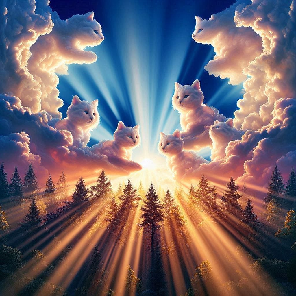 sunrays through catshaped clouds