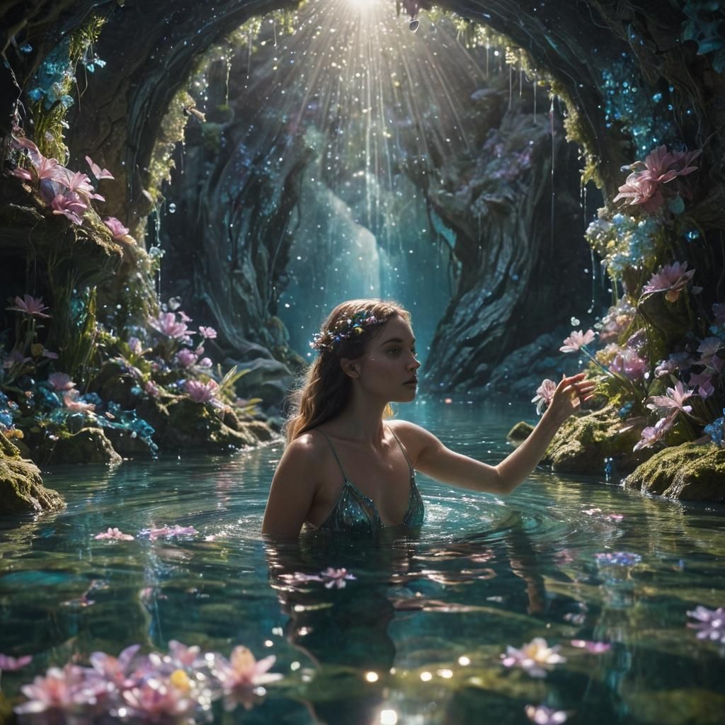 A stunning, magical landscape of crystal flowers and liquid opal splashes reflecting in the shimmering, portal-like mult...