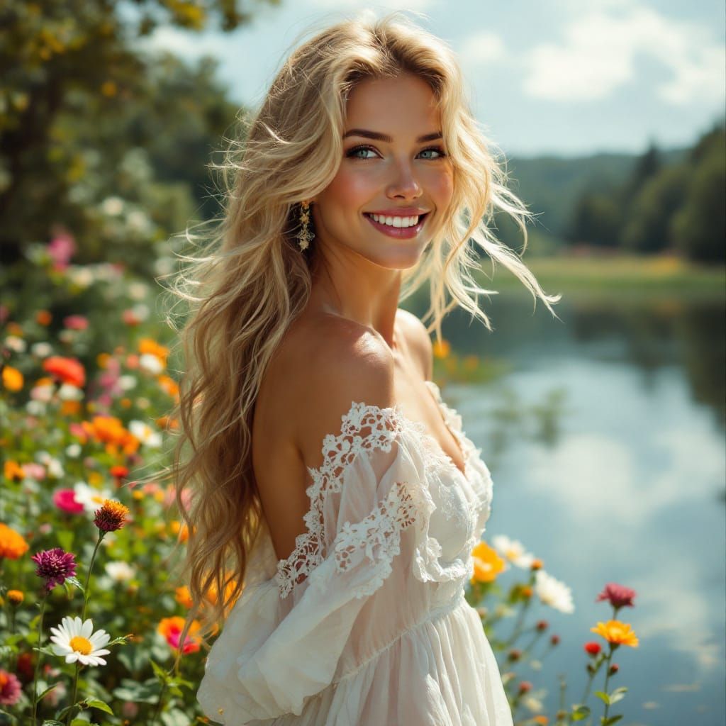 Portrait of a very beautiful woman standing in front of a lake. She has long blonde hair, is smiling. ...  by @Adam One
