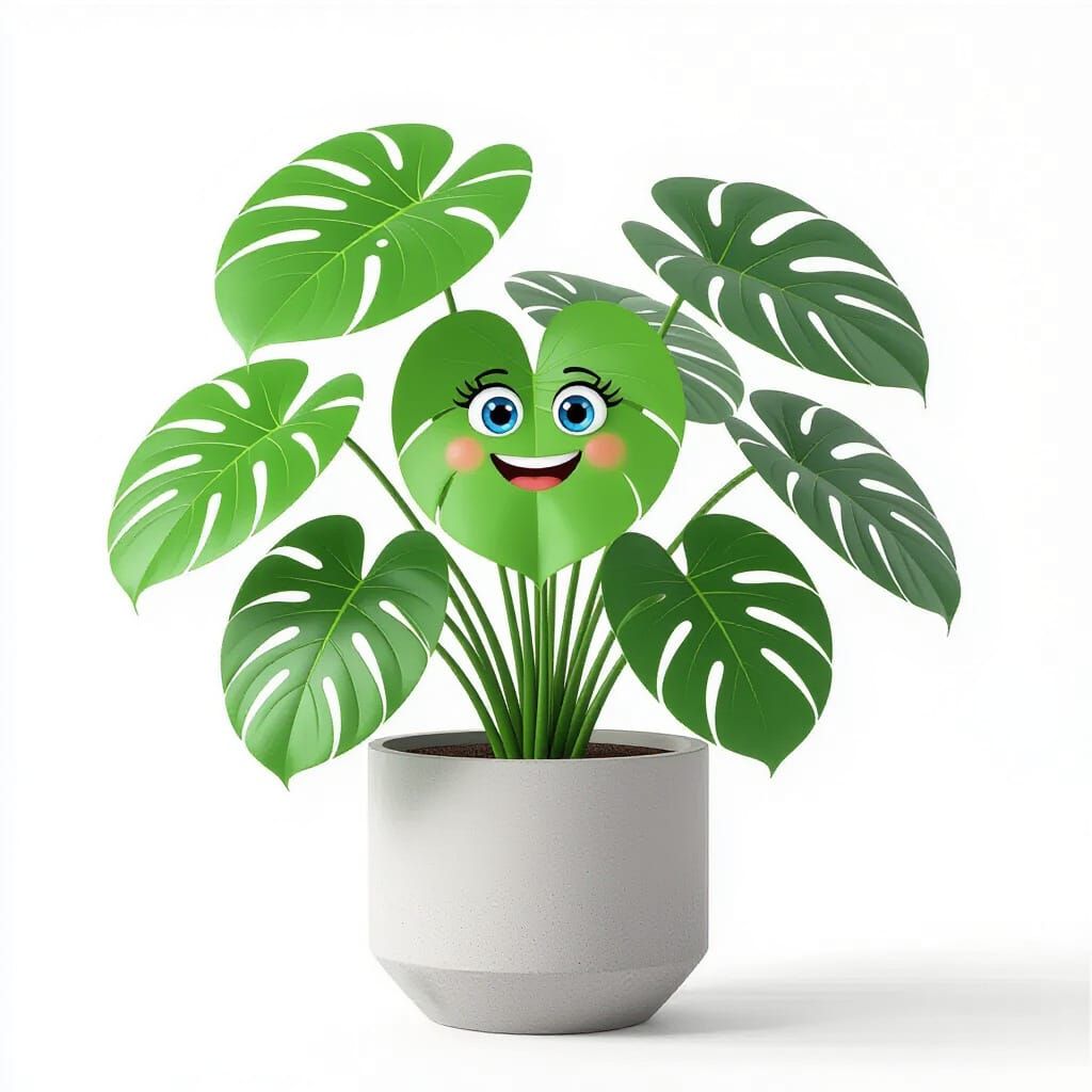 fantasy scene, a large beautiful monstera plant in a concrete pot. Each leaf has a realistic smiling face with bright blue eyes and a genuin...
