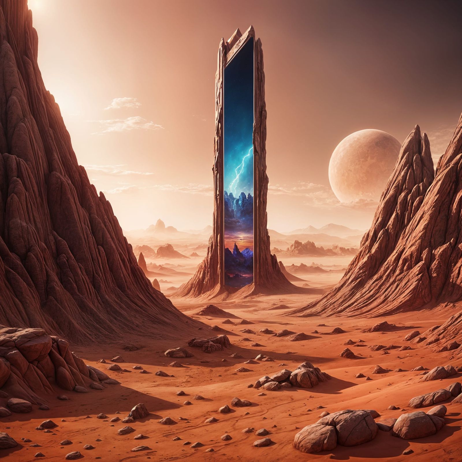 Monolith time portal in the Mars desert during a Thunderstorm