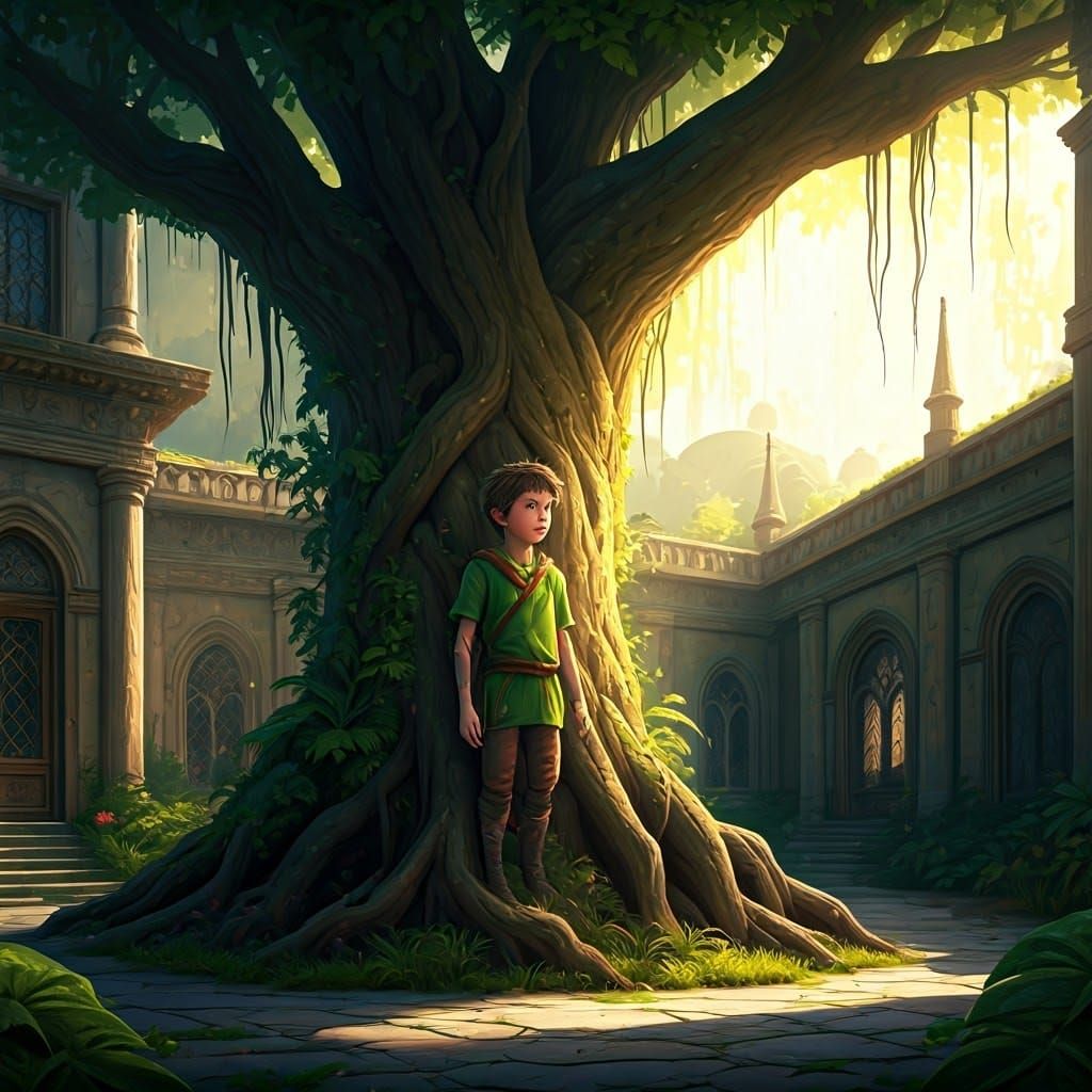Boy Grows from Tree in Enchanted Courtyard