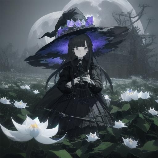 Moonflowers growing in a witches garden the witch has grey eyes and black hair gothic dark elegant