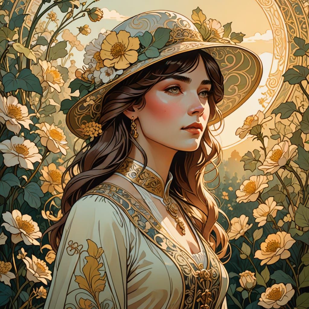 Graphic novel style. Medium shot. A woman wearing an ornate, wide-brimmed hat adorned with flowers, standing in a sun-dappled garden. Her ex... - Start Image 2