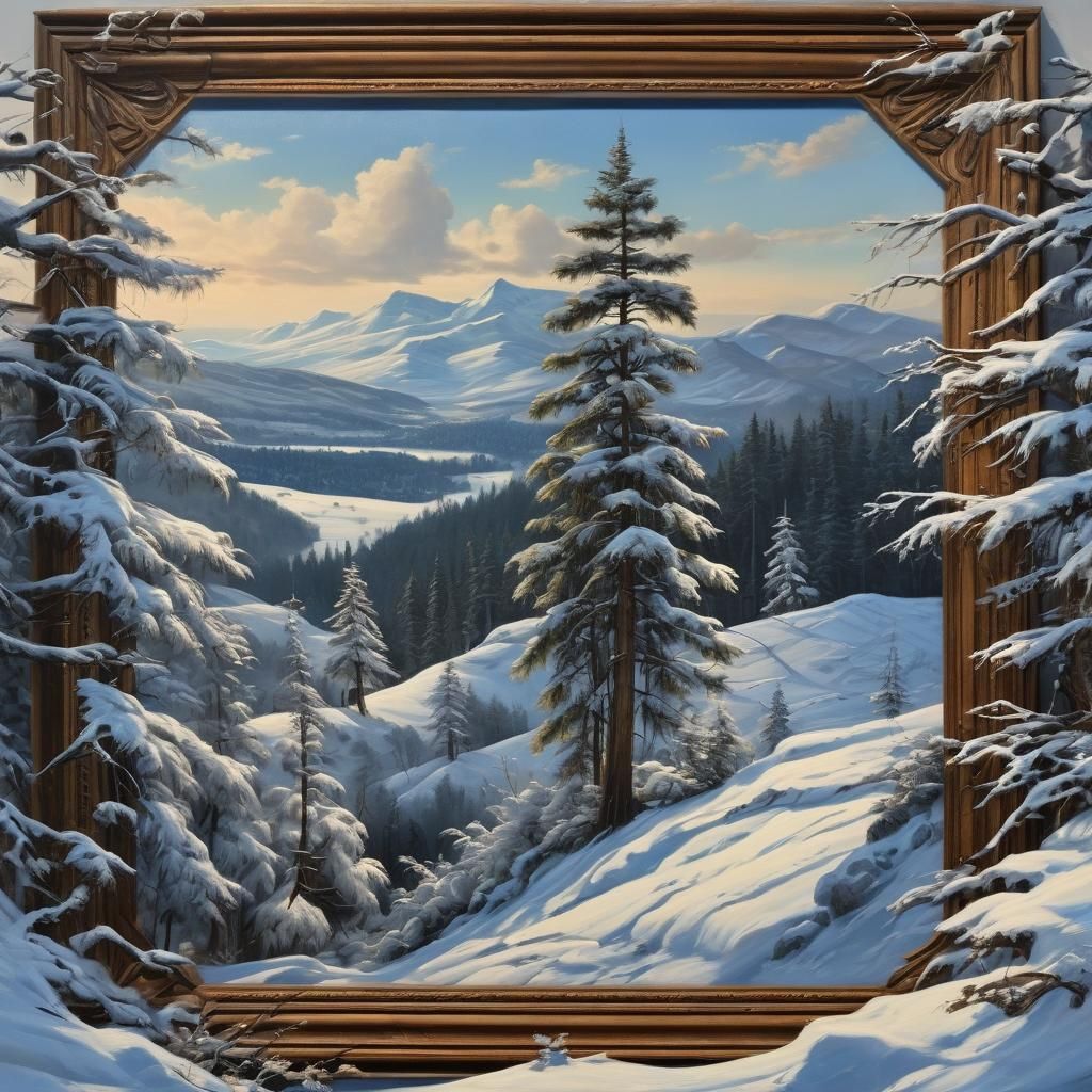 Winter Landscape Oil Painting in Carved Wooden Frame