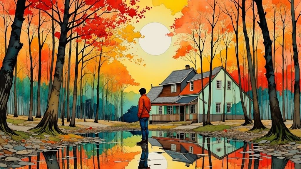 <lora:Dreamy watercolor:1.0> Mixed media collage featuring bremen stadtmusicans at autumn landscape,high details, masterpiece,ncorporating e...