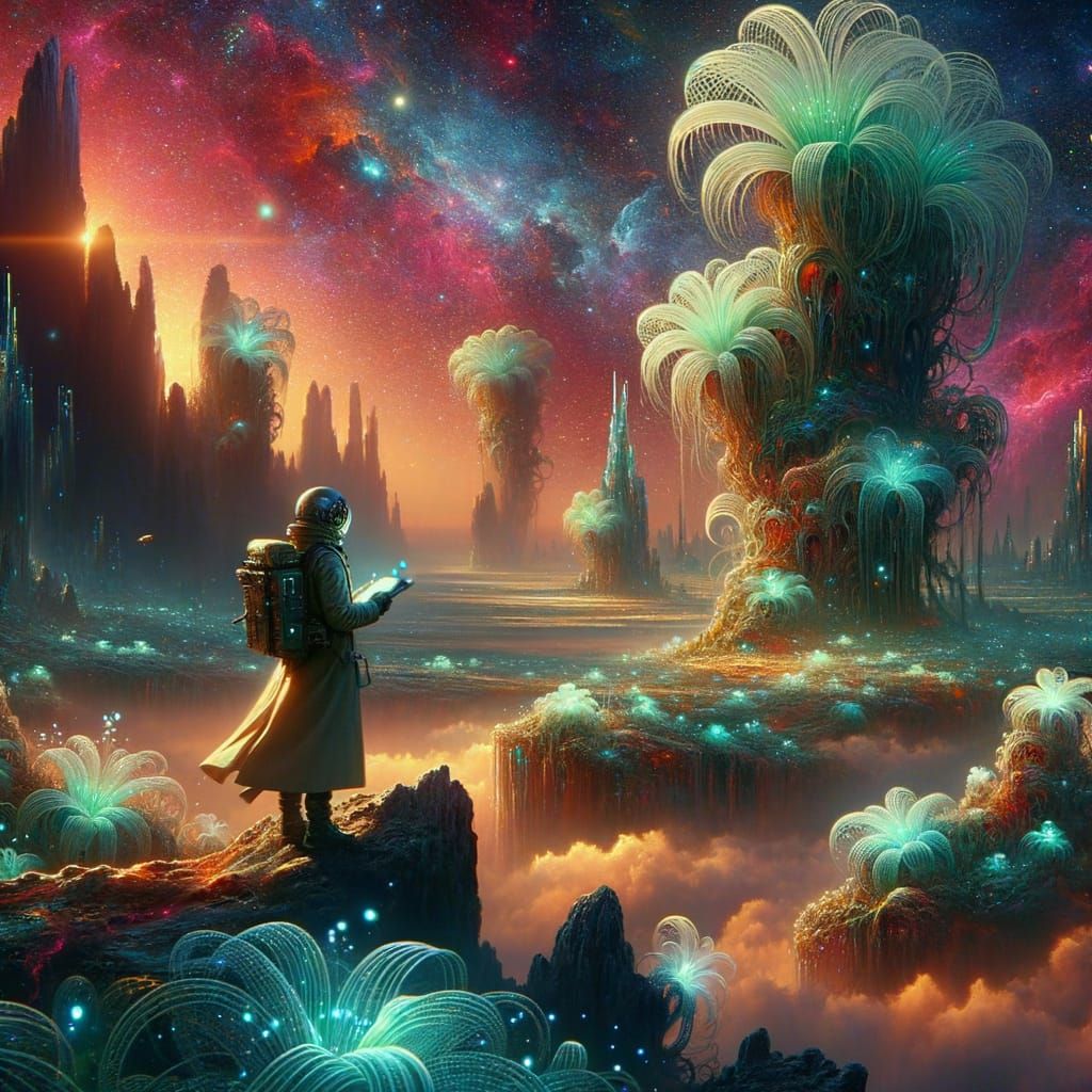 A lone botanist meticulously documenting alien flora on a floating asteroid adrift in a vibrant nebula. The plants emit a soft, bioluminesce...