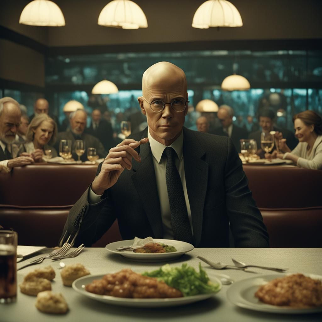 Realistic photo of a bald man with glasses and Nicole Kidman...