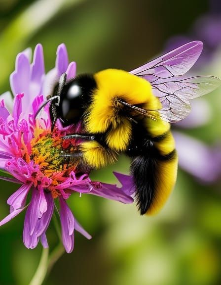 a beautiful cute anime flying bumble bee, two wings, big round ...