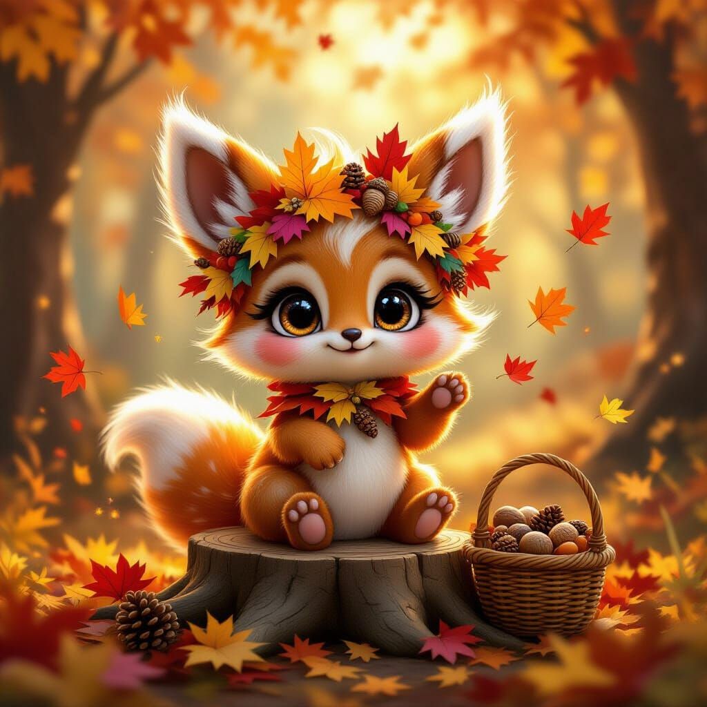 A cute fantasy creature with big sparkling eyes and fluffy ears, its fur shimmering with golden and russet autumn tones. It wears a crown ma...