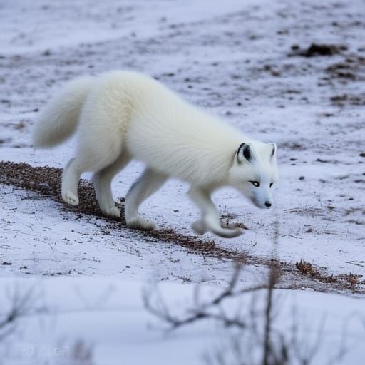 A snowy white arctic fox comically leaps in its unique way t...