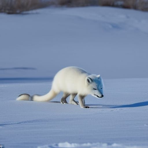 A snowy white arctic fox comically leaps in its unique way t...