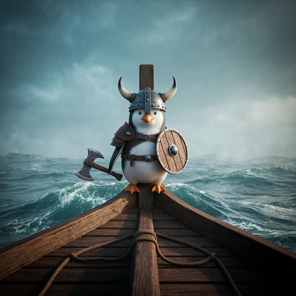 Armored Penguin Viking Warrior on Stormy Seas