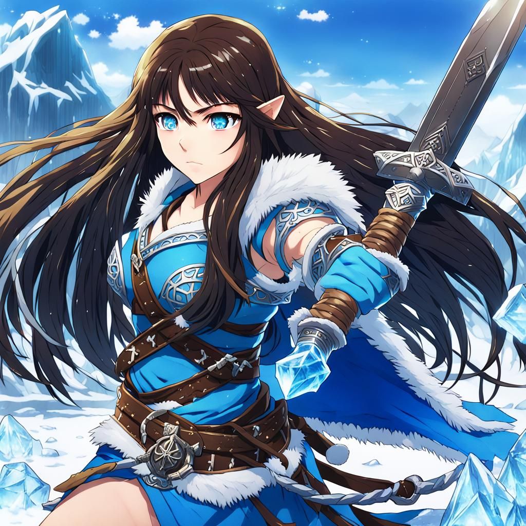 Anime, Beautiful woman, long dark brown hair, Barbarian Warr...