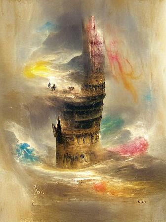 a surreal wizards' tower by J. M. W. Turner
