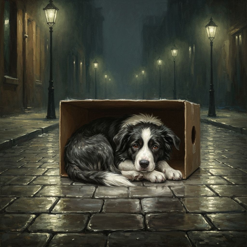 A puppy Border Collie, dripping wet, hiding under a box in a cold, dark street  by @Hyperborean