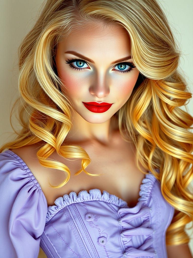 Sensual Goddess with Turquoise Eyes and Blonde Hair in Laven...
