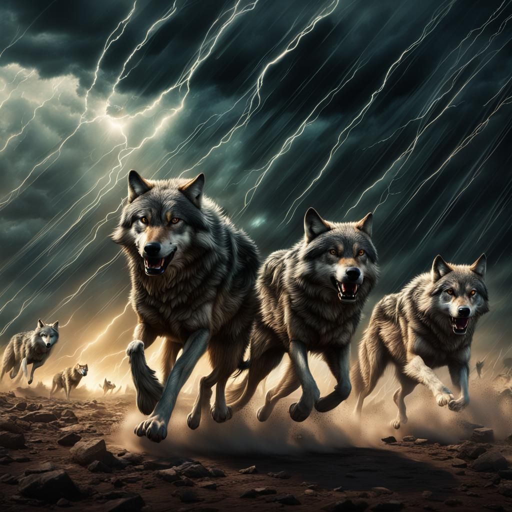wolves running in a lighting Storm with a tornado