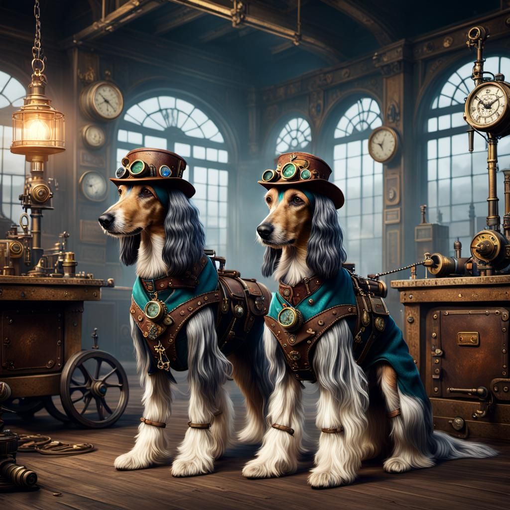 A pair of Afghan Hounds dressed as steampunks