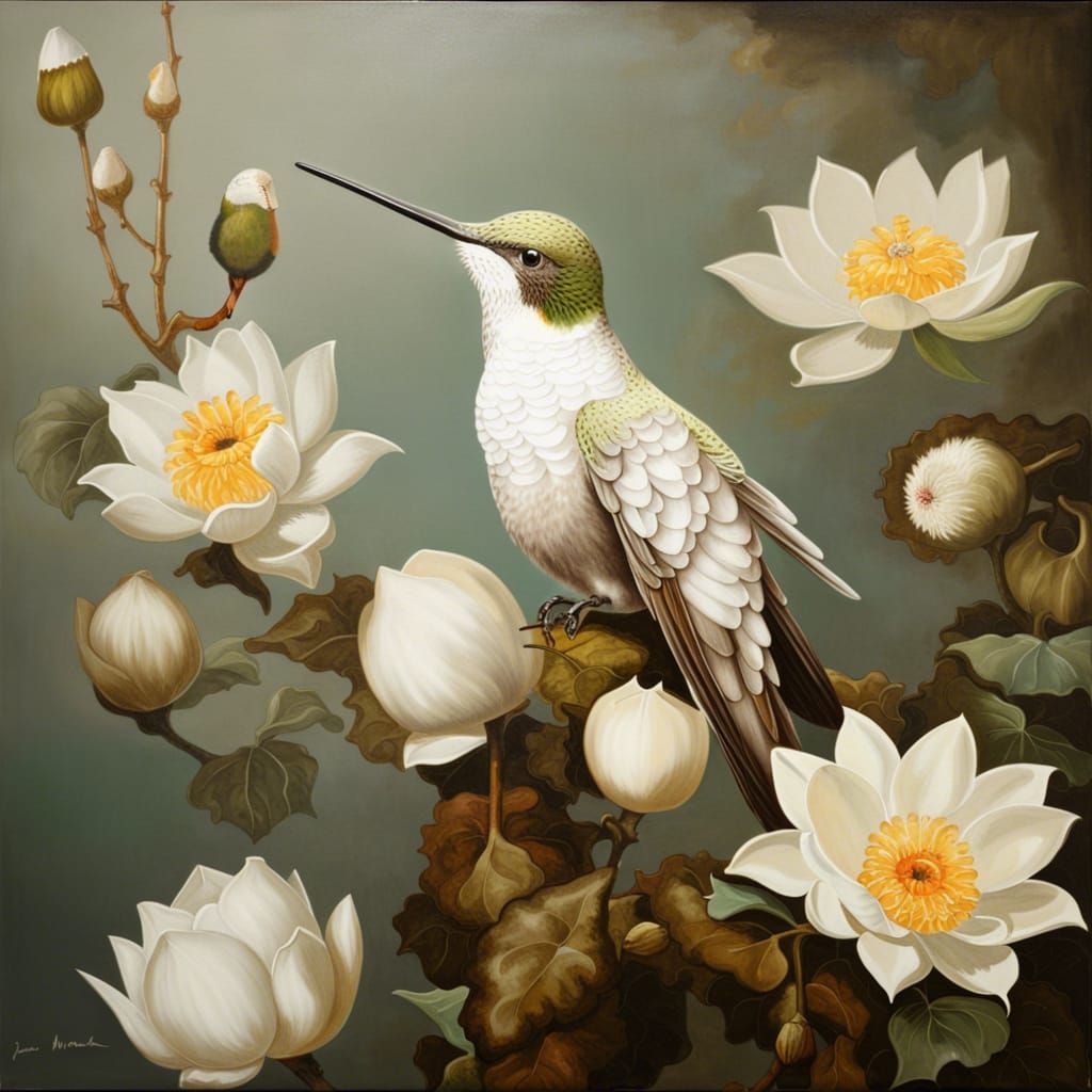 A beautiful insanely detailed full body portrait of a hummingbird amongst white lotus flowers, perched ...  by @AutumnBear