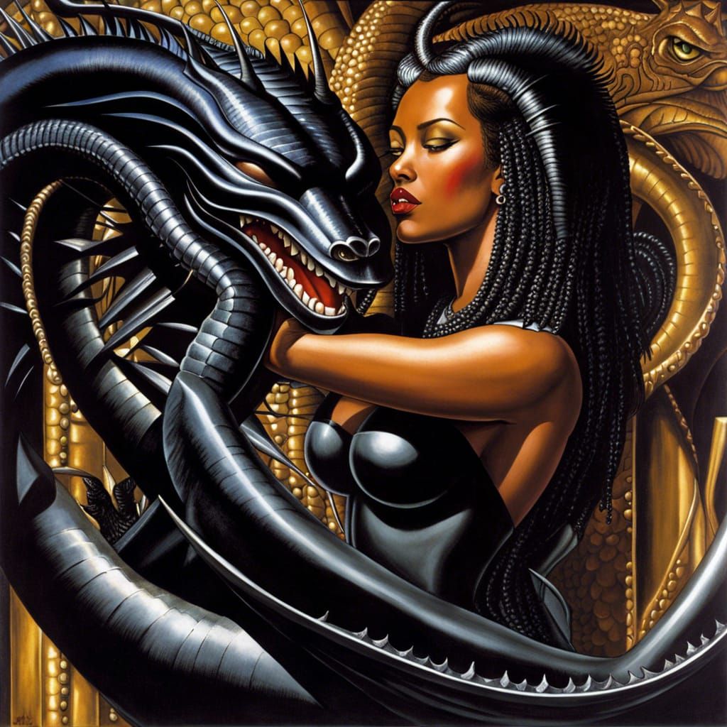 impressive black warrior woman making love to Dragon, by Tamara de  Lempicka, Milo Manara, H.R. Giger - AI Generated Artwork - NightCafe Creator