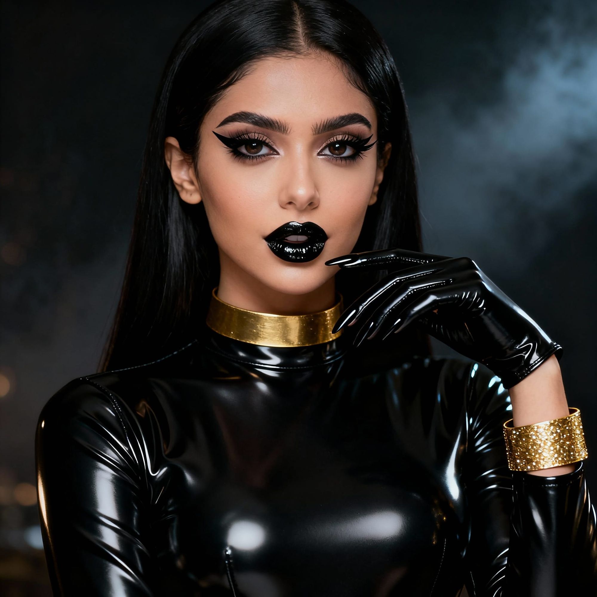 Ultra realistic 20 years old Arabian beauty with black latex outfit. She has long black nails and big glossy lips. Her eyeliner is long and ...