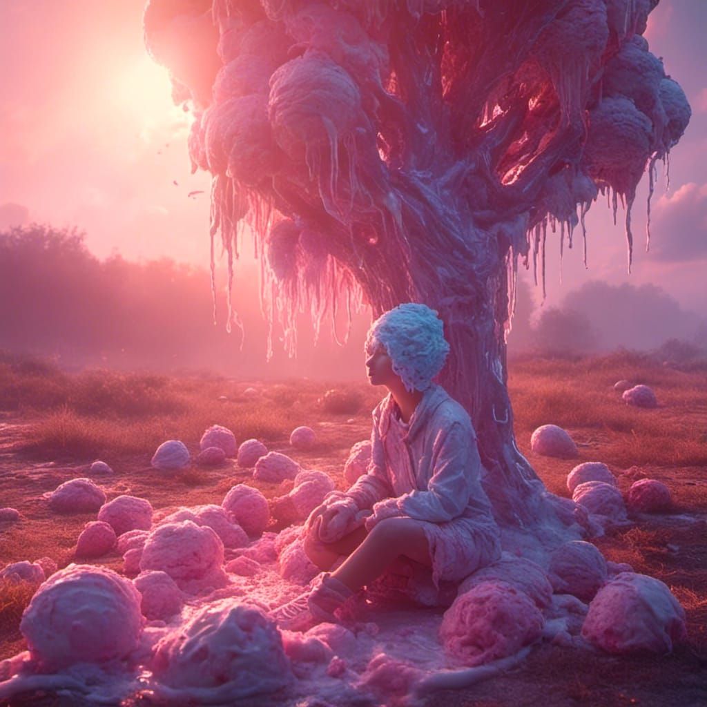 <lora:Ice Cream:1.0> A woman made of ice cream sitting under a tree made of ice cream watching the sunset made of ice cream