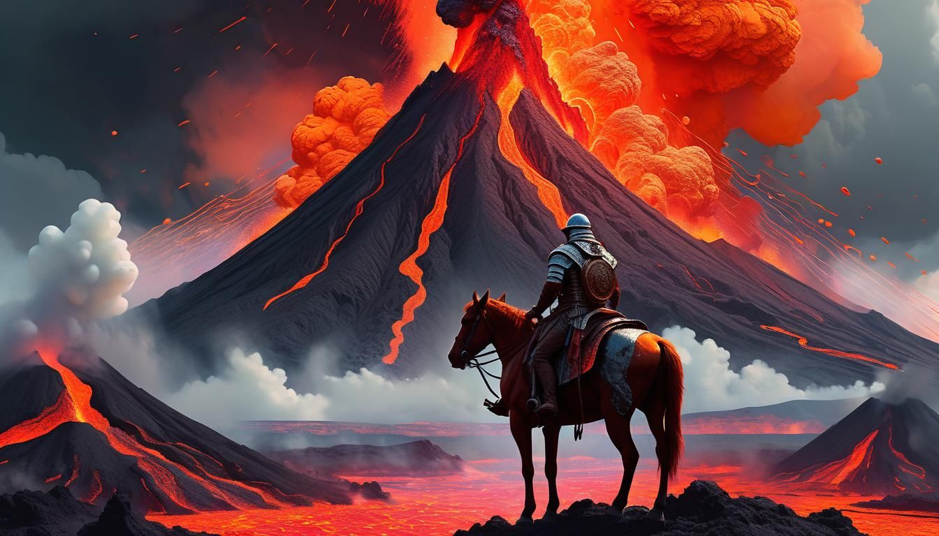 Warrior Observes Volcano in Cosmic Fantasy Art Style