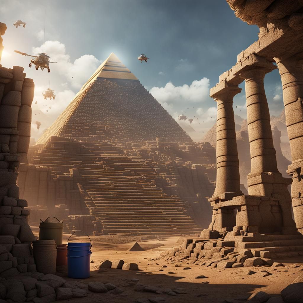 building a great pyramid with cement and buckets