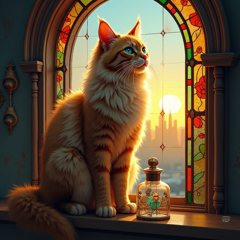 חתול חמוד פרוותי יושן על חלון בתוך קנקן זכוכית בזריחה 