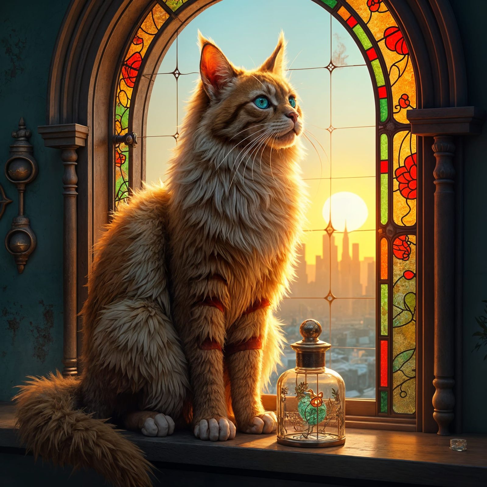 Cute Furry Cat Sleeping in Jar at Sunrise