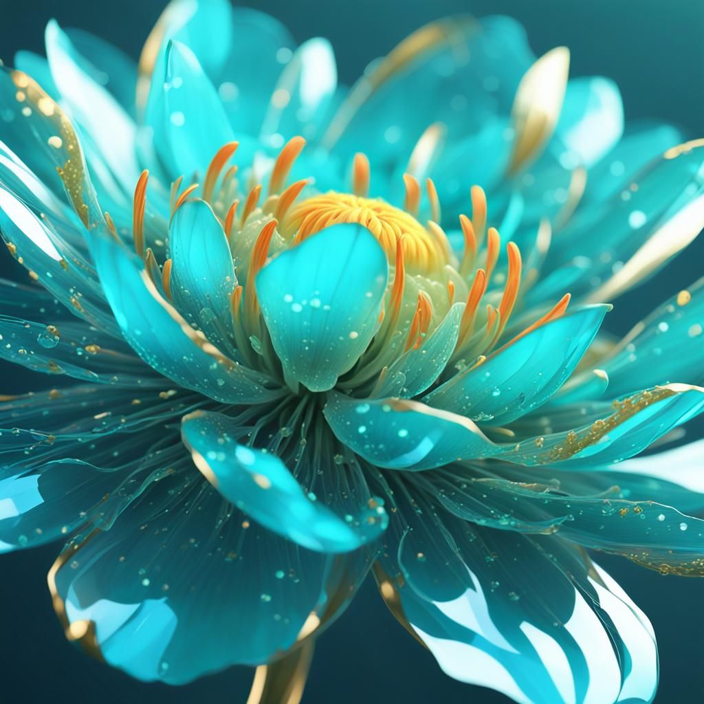 Gorgeous flower that is (glowing and fading from blue to turquoise :1.5) and has (translucent petals:1.5). By artist "anime", 3d anime art,...