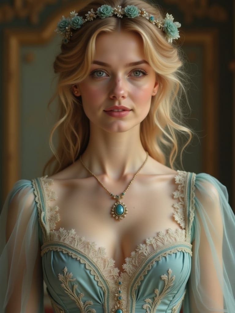 A beautiful Victorian duchess in a stylish gown with intricate patterns. 