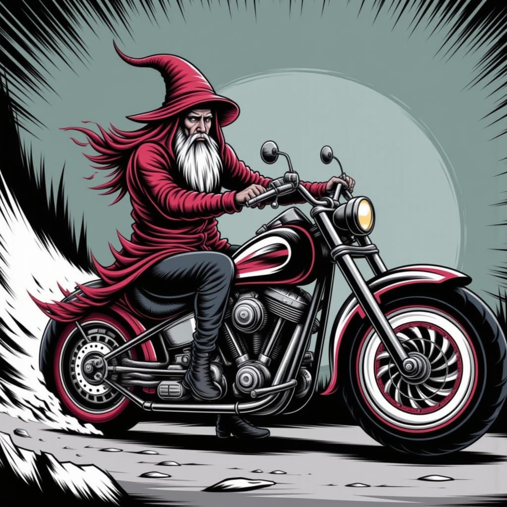 A wizard riding a futuristic motorcycle. <lora:Sequence X-23:1.0>