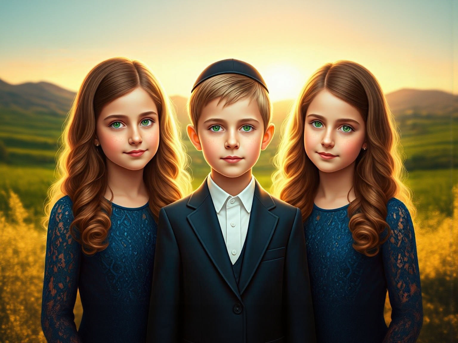 Elegant Siblings with Emerald Eyes on the Beach