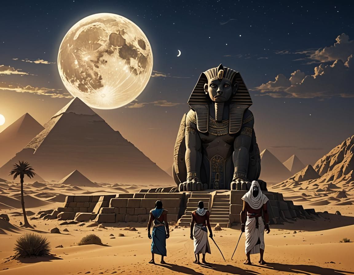 Khonsu In the Egyptian desert full moon anime, atmospheric, a masterpiece, epic, stunning, dramatic