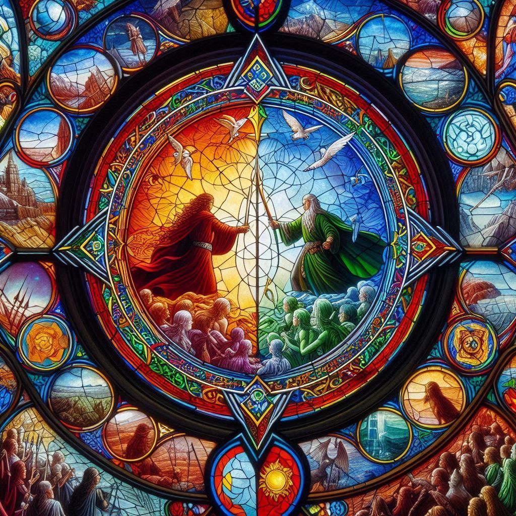 stained glass in an elvish temple, showing the glory in batt...