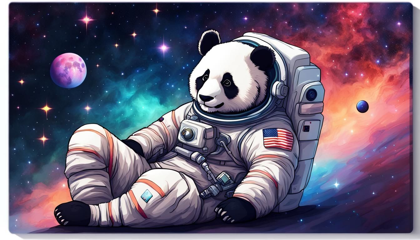 A serene panda bear astronaut, full body in view, lying on i...