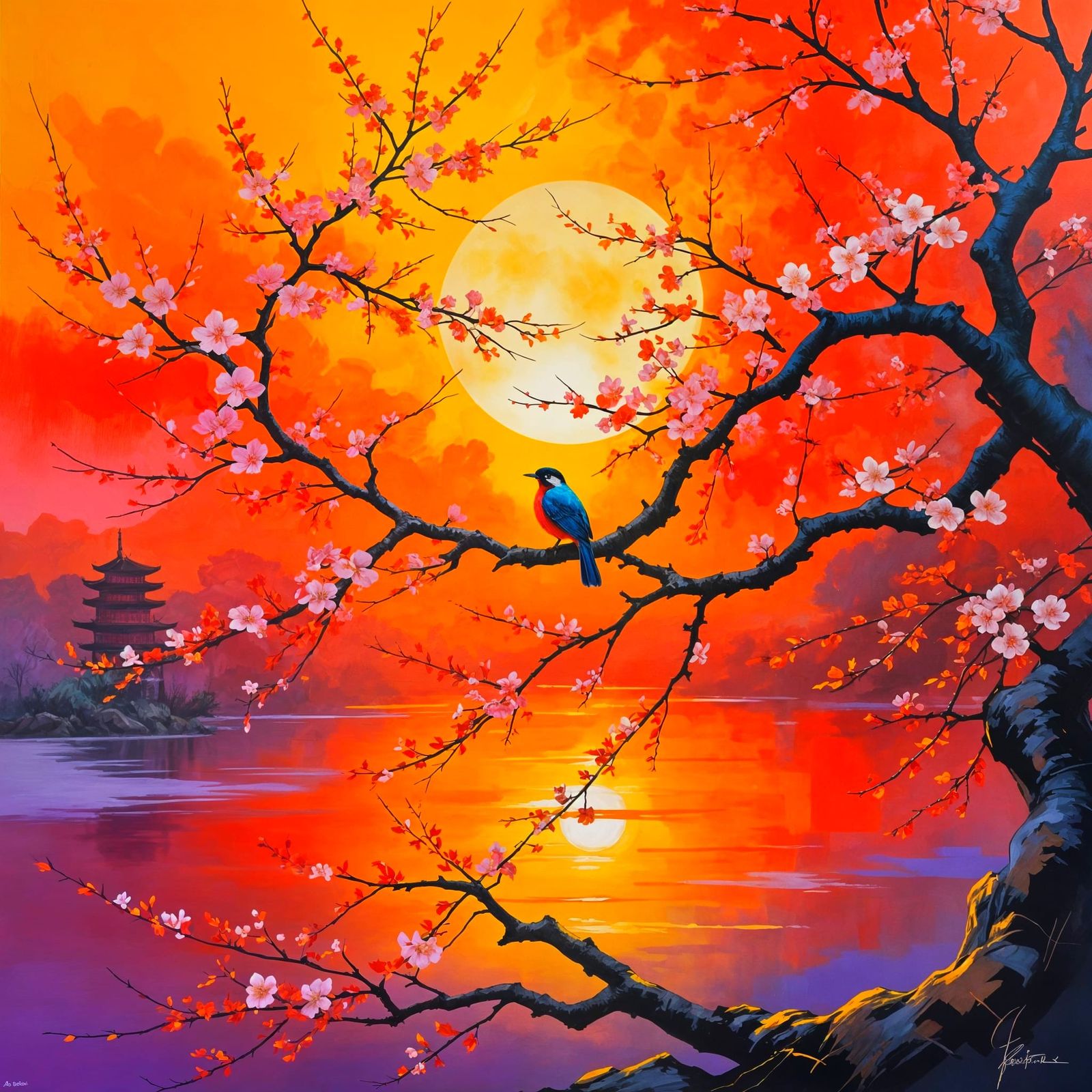 blossom tree sunset bird  by @Kosh