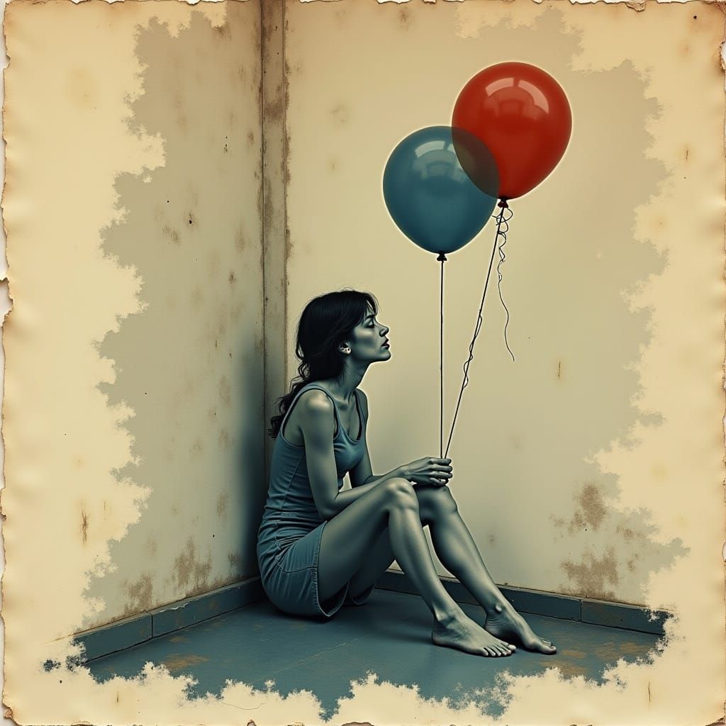 abstract woman sitting in corner holding balloon <lora:textured collage:1.0>, style of textured collage, sepia and blue hues