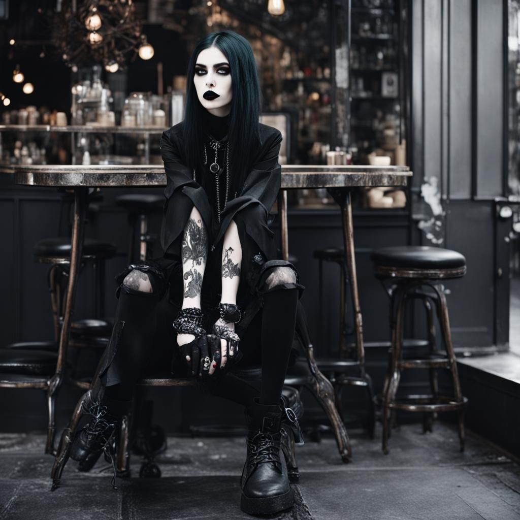 goth fashion model. goth coffee shop