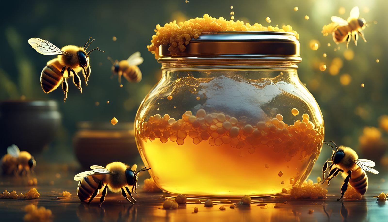 glass honey pot filled with glowing golden honey