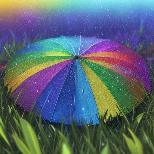 Raindrops sparkle on the grass after a storm. The sky is blu...