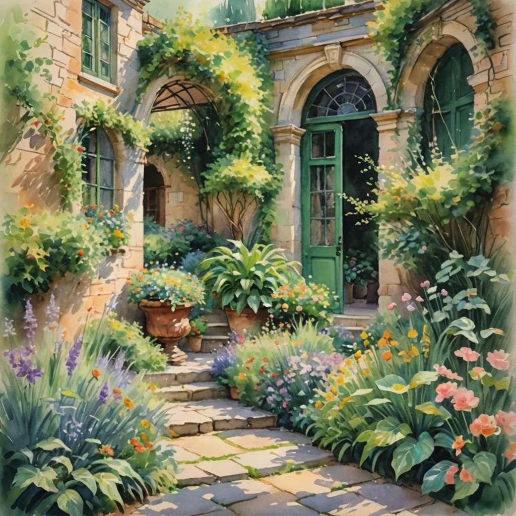Impressionist Watercolor Courtyard in Claude Monet Style